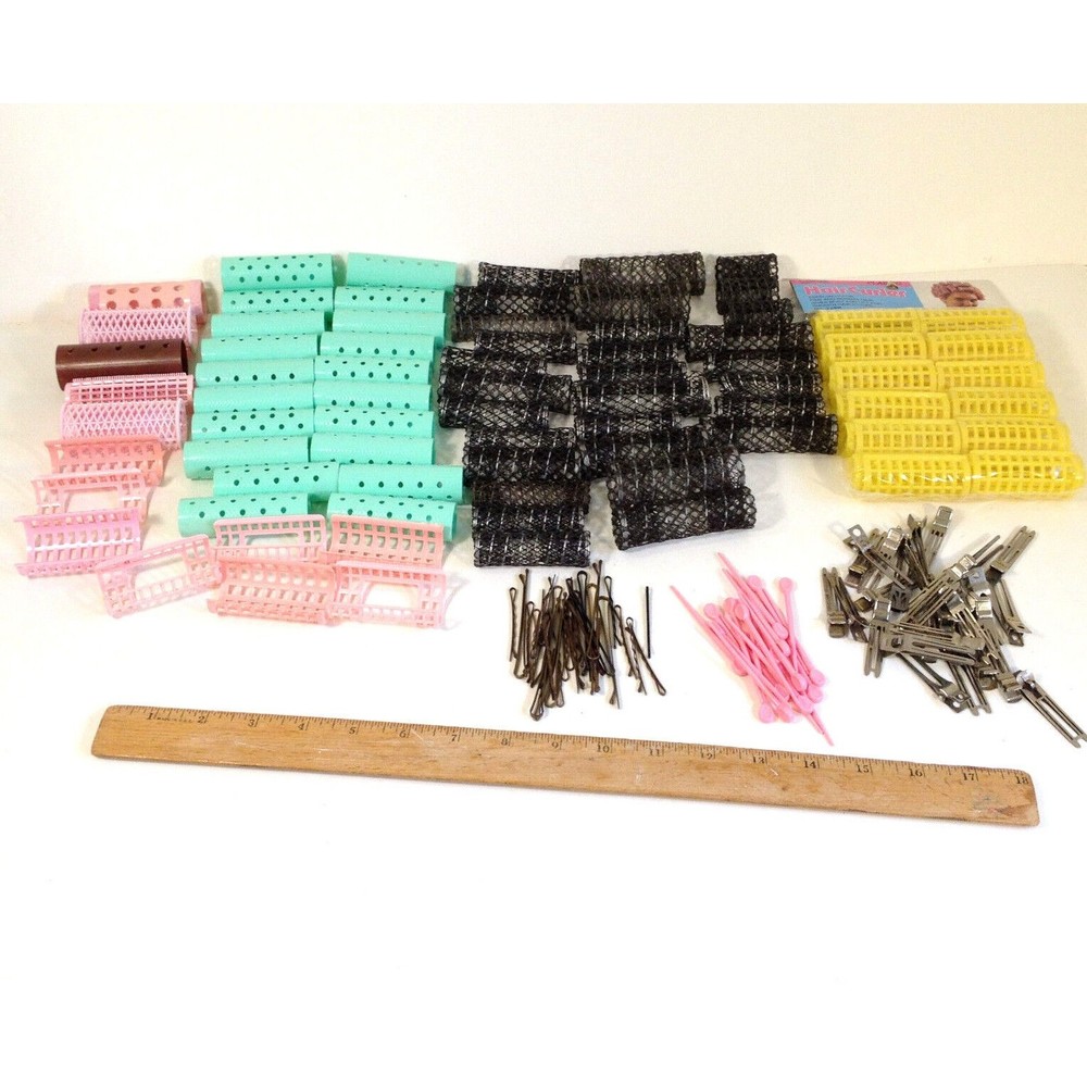 Vintage Hair Brush Rollers & Plastic Rollers with Picks & Clips & Bobbie Pins